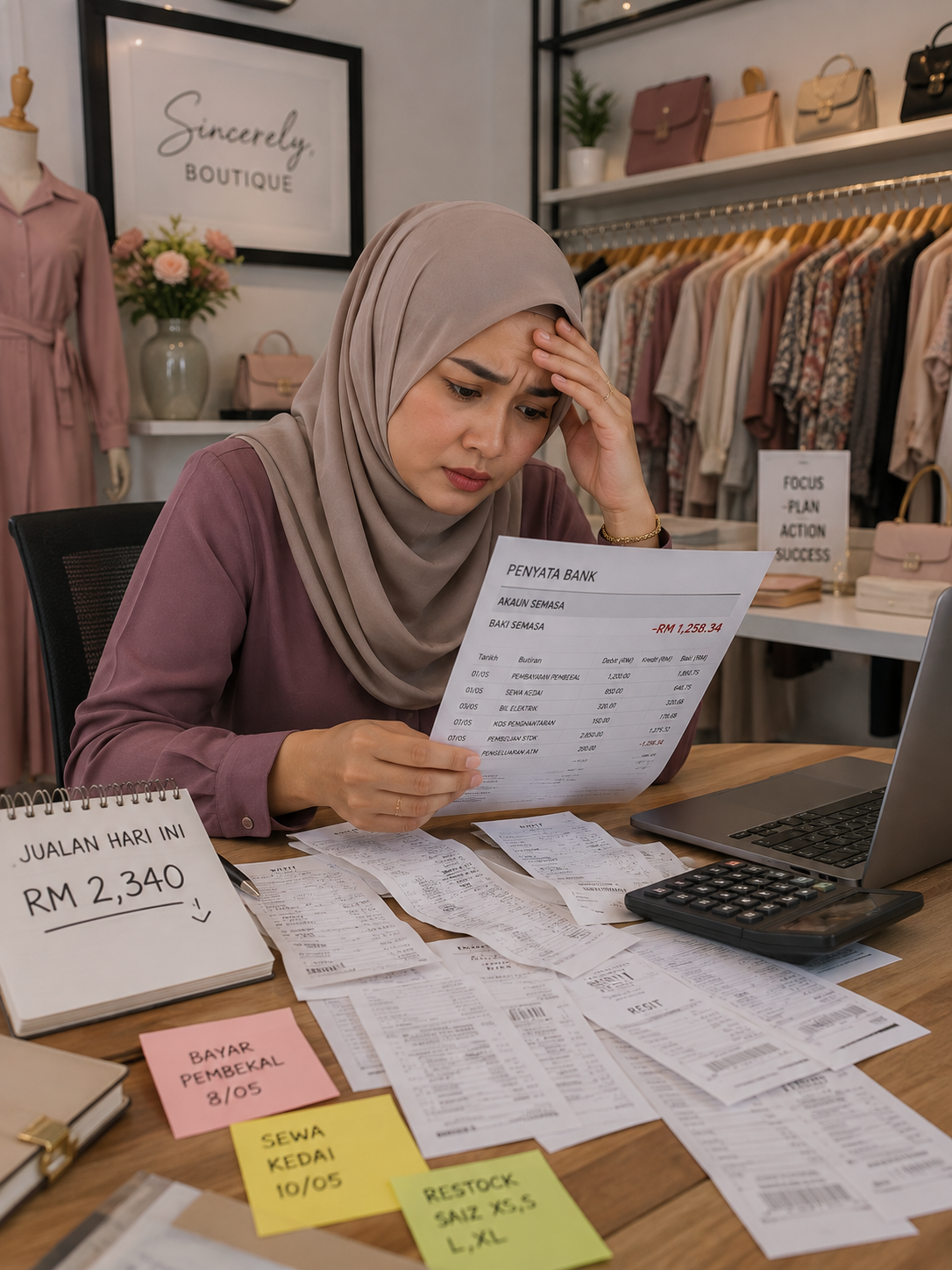 Peniaga meneliti rekod kewangan bisnes